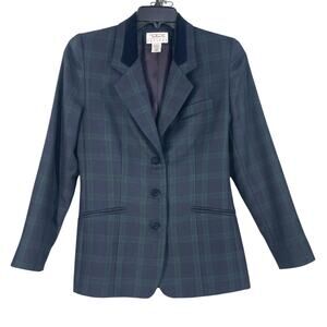 Vtg Talbots Blazer Womens 6P Green Navy Plaid Wool Jacket Academia Preppy